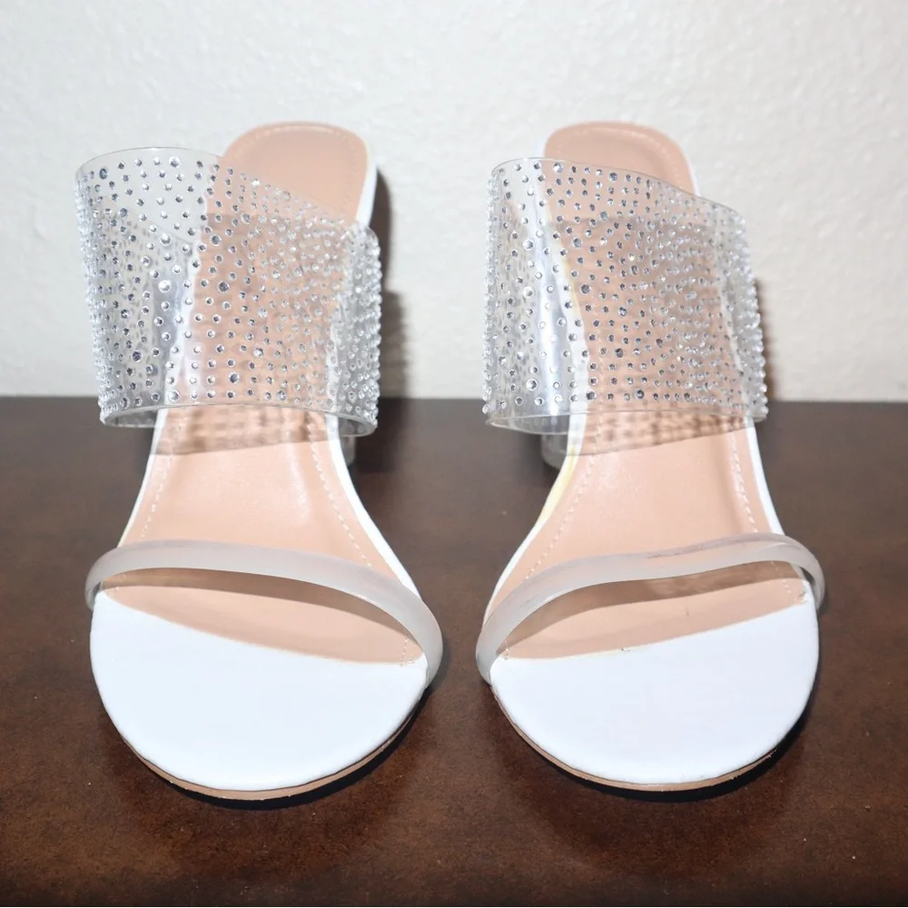 Chic Crystal-Embellished Clear and White Heels